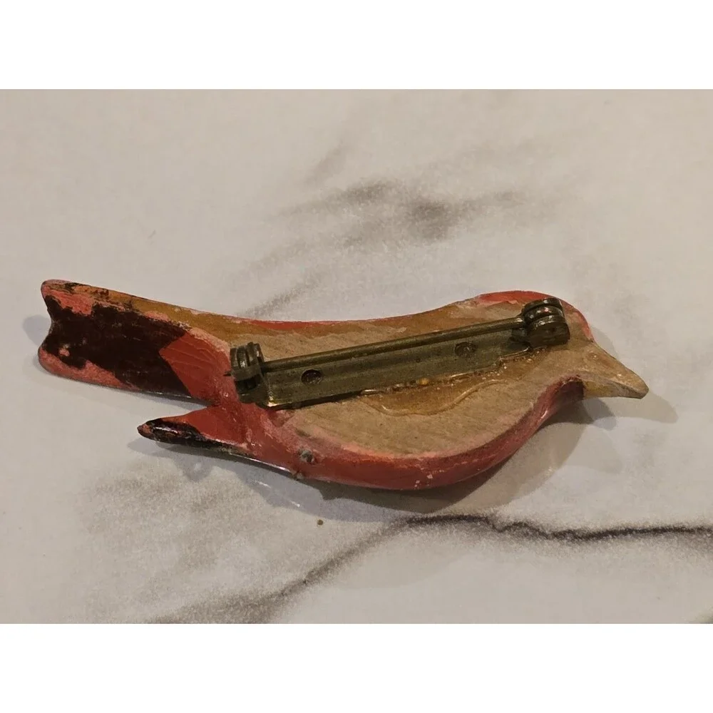 Vintage Hand Painted Red Bird Brooch Wood Bird Pin Folk Art Cardinal Style #1353